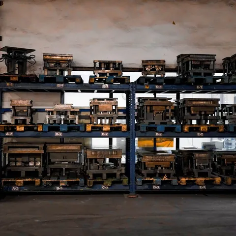 Metal molds stored on industrial shelves
